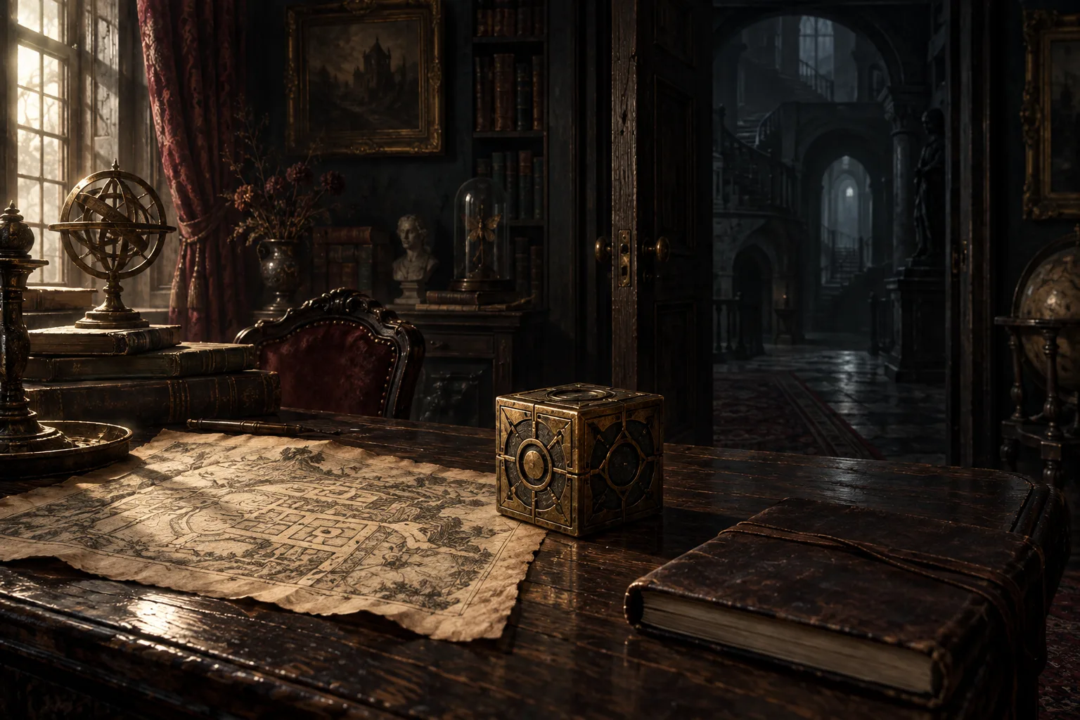 Original conceptual illustration of a brass puzzle cube in a shadowy study